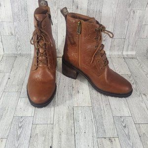 Timberland Sienna Womens 7.5 Side Zip Boot Brown Tooled Leather Boho Mid Chunky